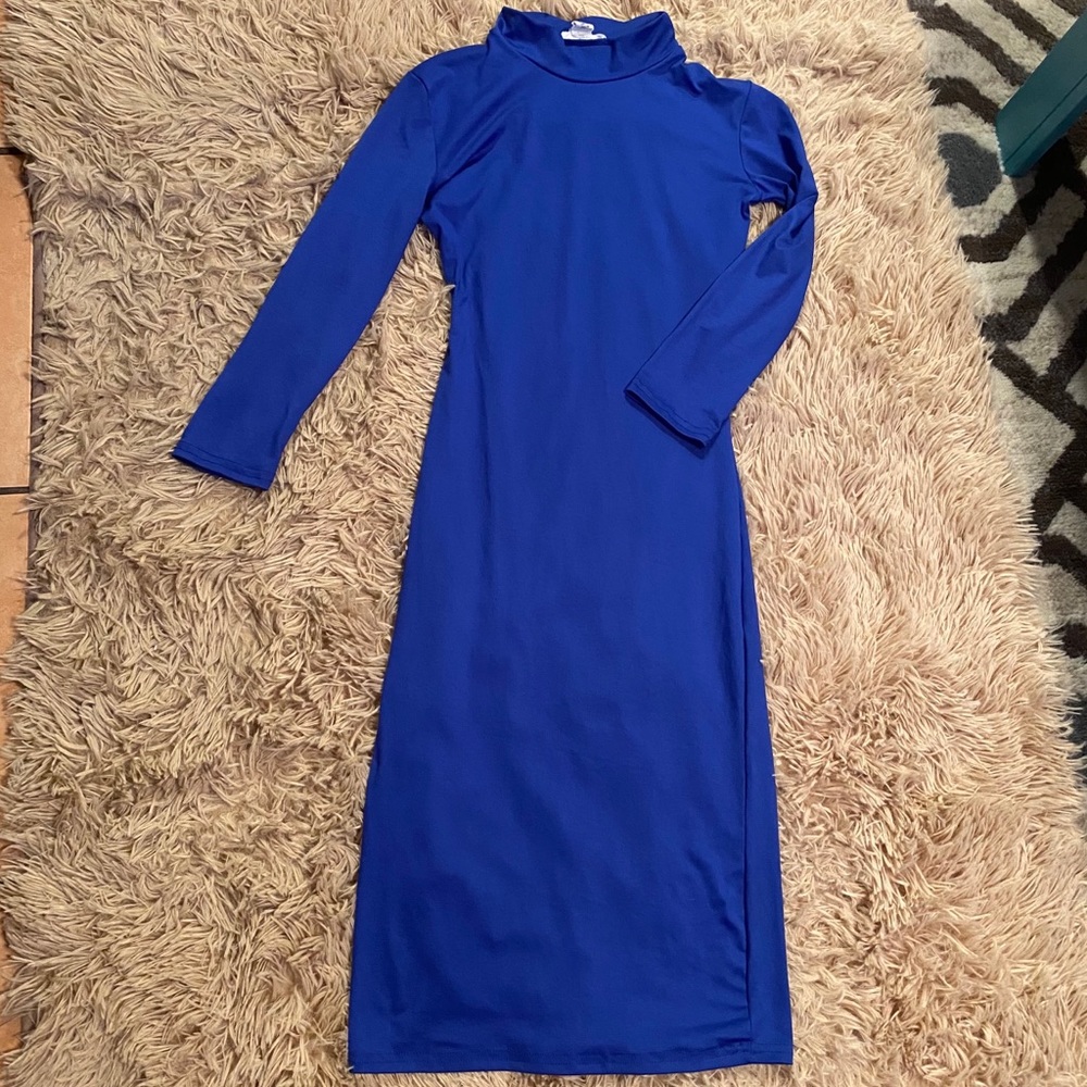 Blue Midi Long-sleeve Turtleneck Dress